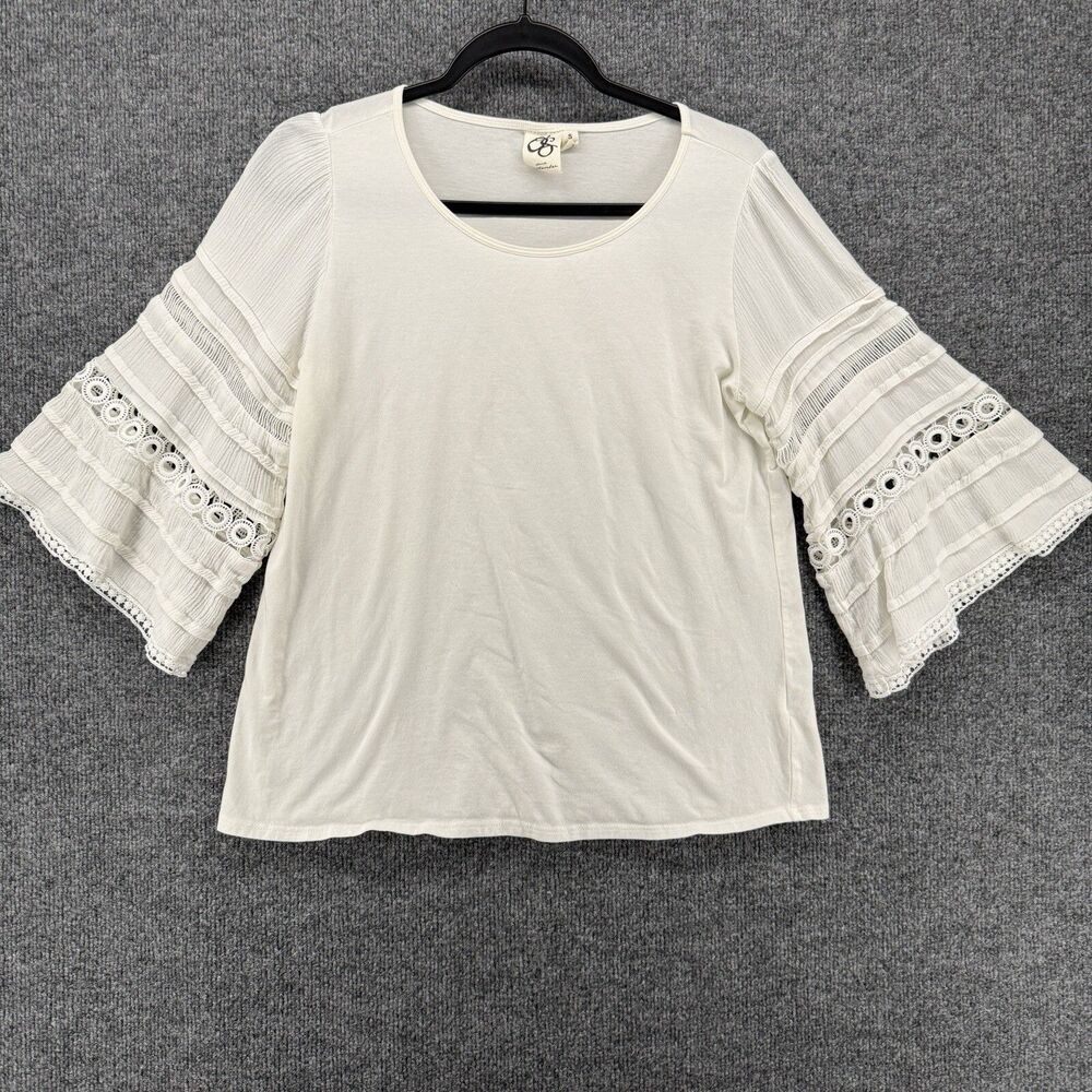 One September Blouse‎ Top Womens S White V-Neck Flared Sleeve Ladies Modest Boho